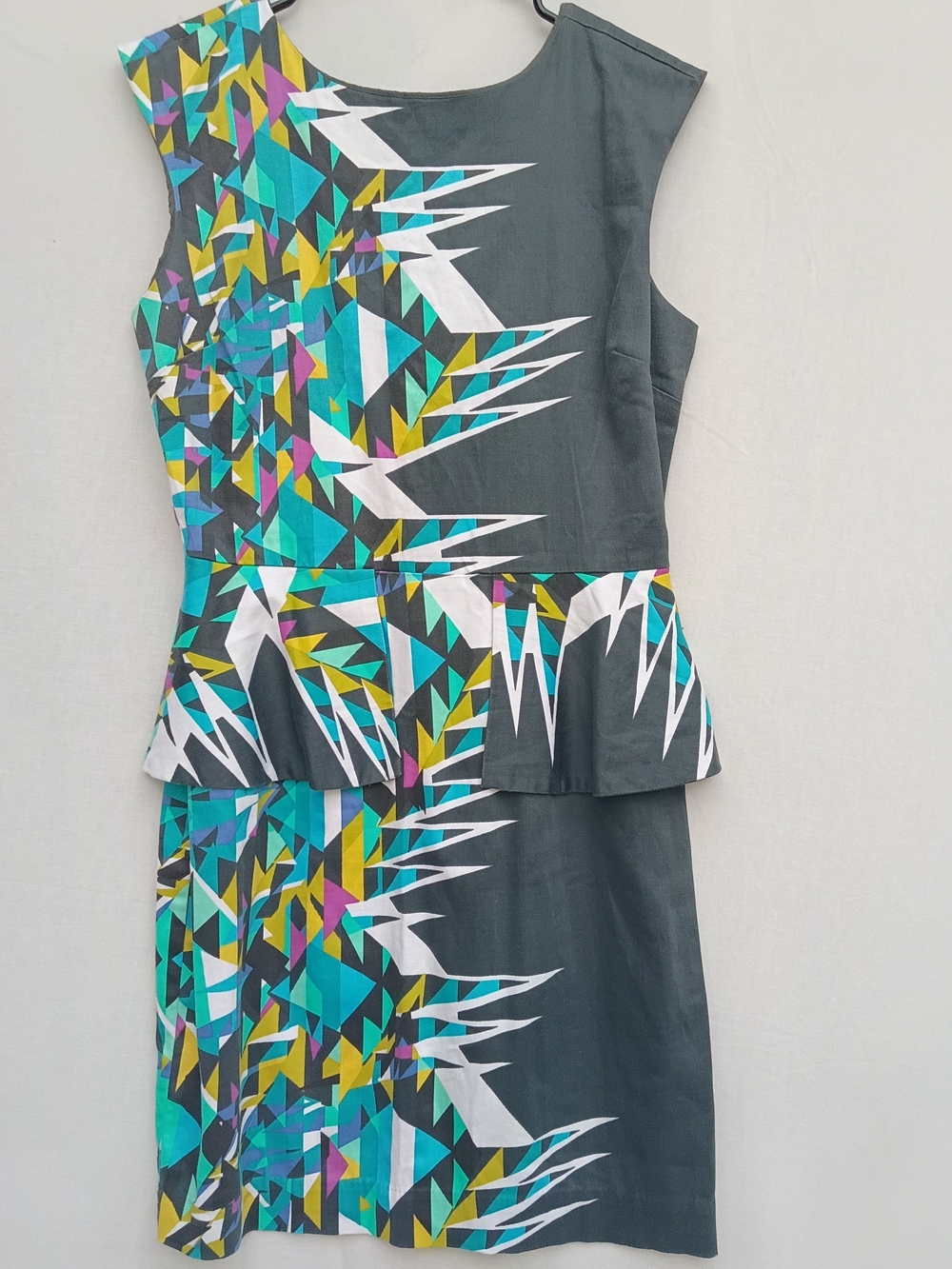 Walter Baker Gray Peplum Mini Dress with Teal, Yellow & White Geometric Print